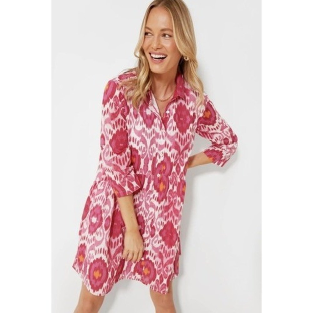 Ro's Garden June Deauville Dress Magenta Pink Ikat Cotton Tiered Button Down L